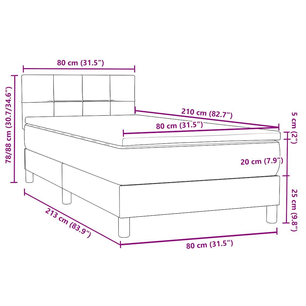 vidaXL Κρεβάτι Boxspring με Στρώμα Ανοιχτό Γκρι 80x210 εκ. Βελούδινο