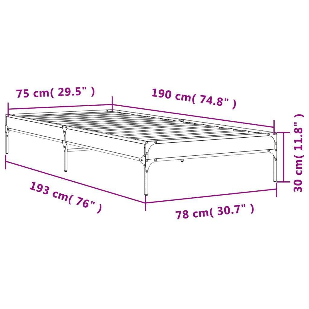 vidaXL Πλαίσιο Κρεβατιού Μαύρο 75x190 εκ. Επεξεργασμένο Ξύλο & Μέταλλο