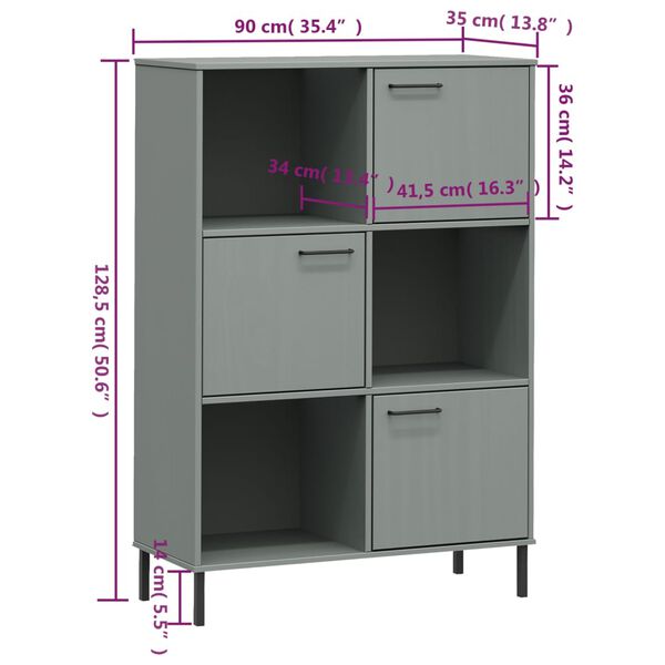 vidaXL Βιβλιοθήκη OSLO Γκρι 90x35x128,5 εκ. Μασίφ Ξύλο με Μετ. Πόδια
