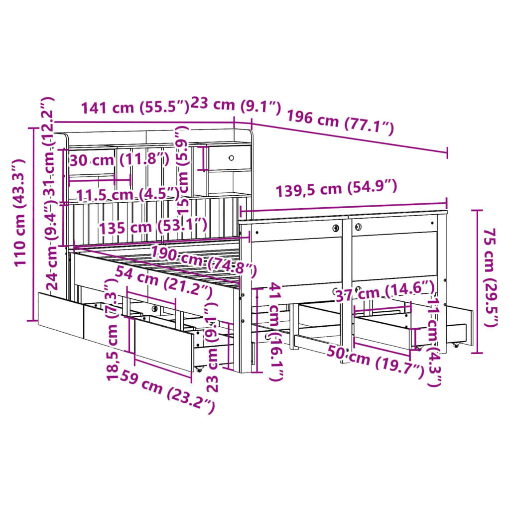 vidaXL Κρεβάτι Βιβλιοθήκη Χωρίς Στρώμα Λευκό 135x190 εκ Μασίφ Πεύκο