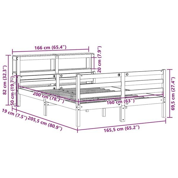 vidaXL Πλαίσιο Κρεβατιού με Κεφαλάρι 160x200 εκ. από Μασίφ Ξύλο Πεύκου