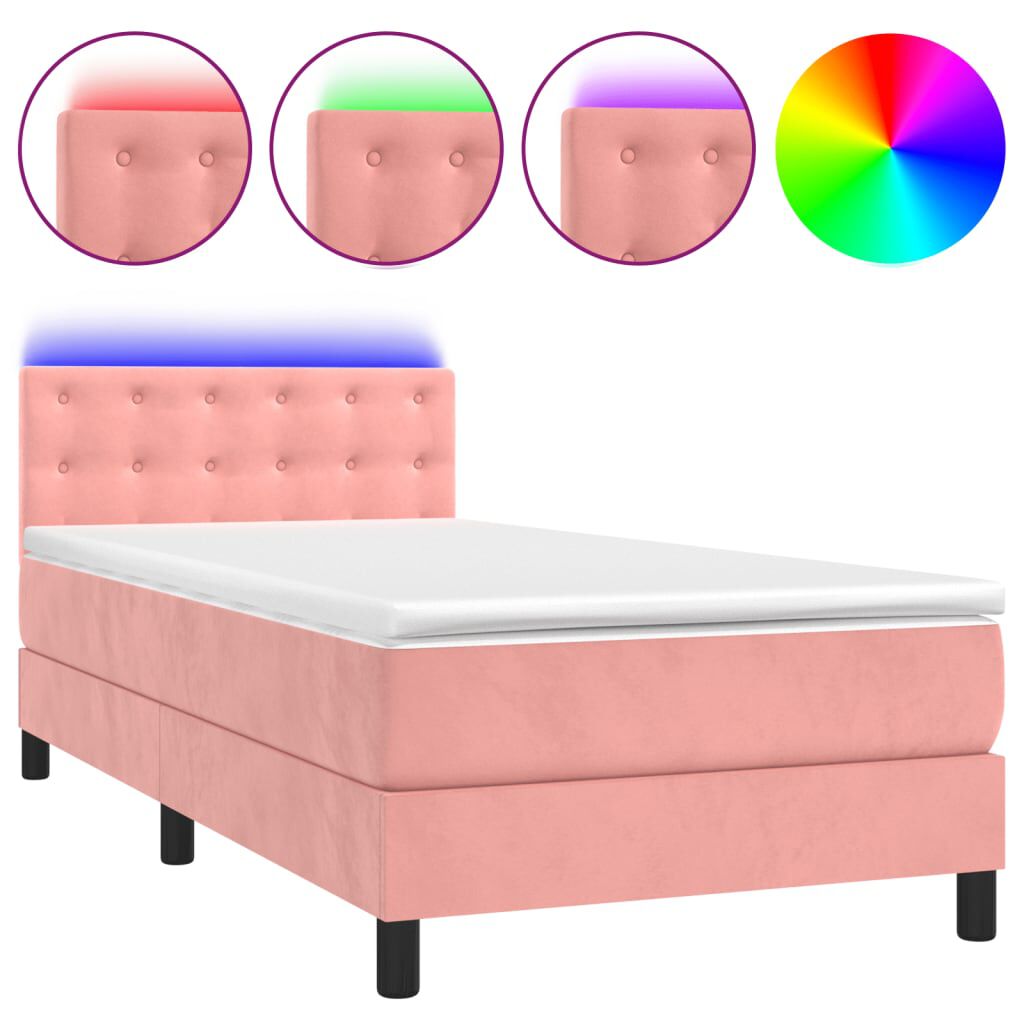 vidaXL Κρεβάτι Boxspring με Στρώμα & LED Ροζ 90x200 εκ. Βελούδινο