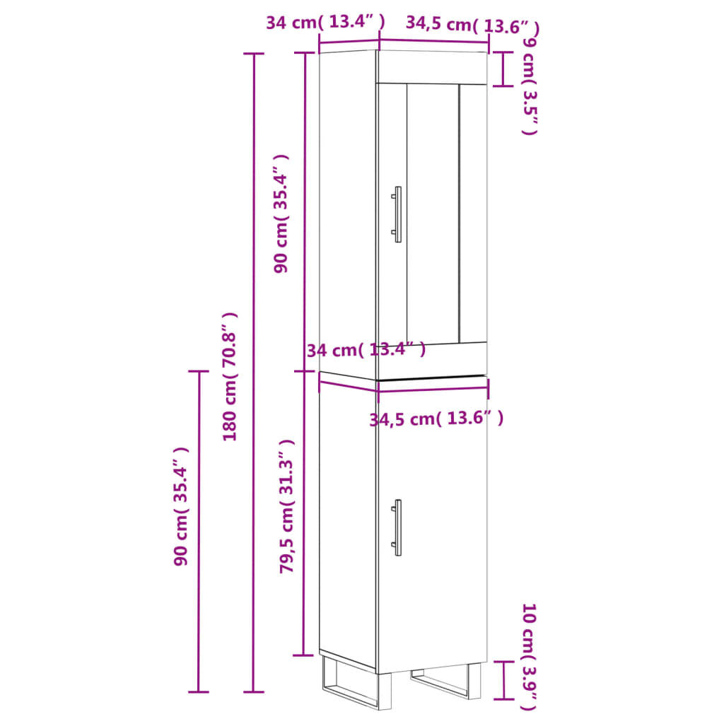 vidaXL Ντουλάπι Καφέ Δρυς 34,5 x 34 x 180 εκ. από Επεξεργασμένο Ξύλο