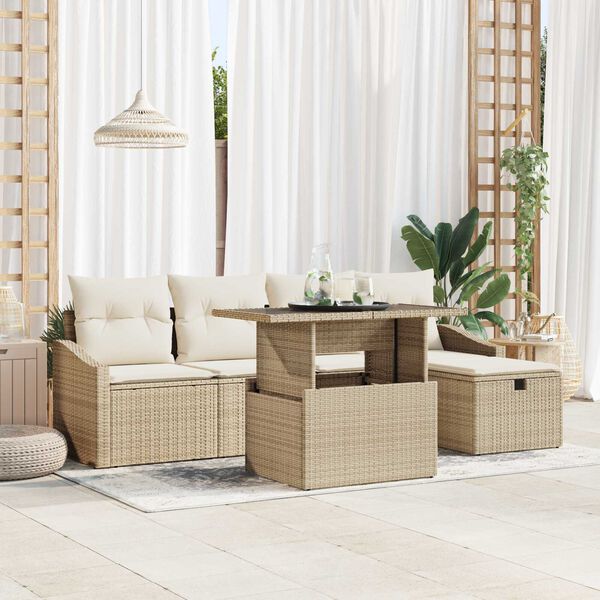 vidaXL Σετ Καναπέ Κήπου με μαξιλάρι 6 pcs Μπεζ Πολυ ράταν