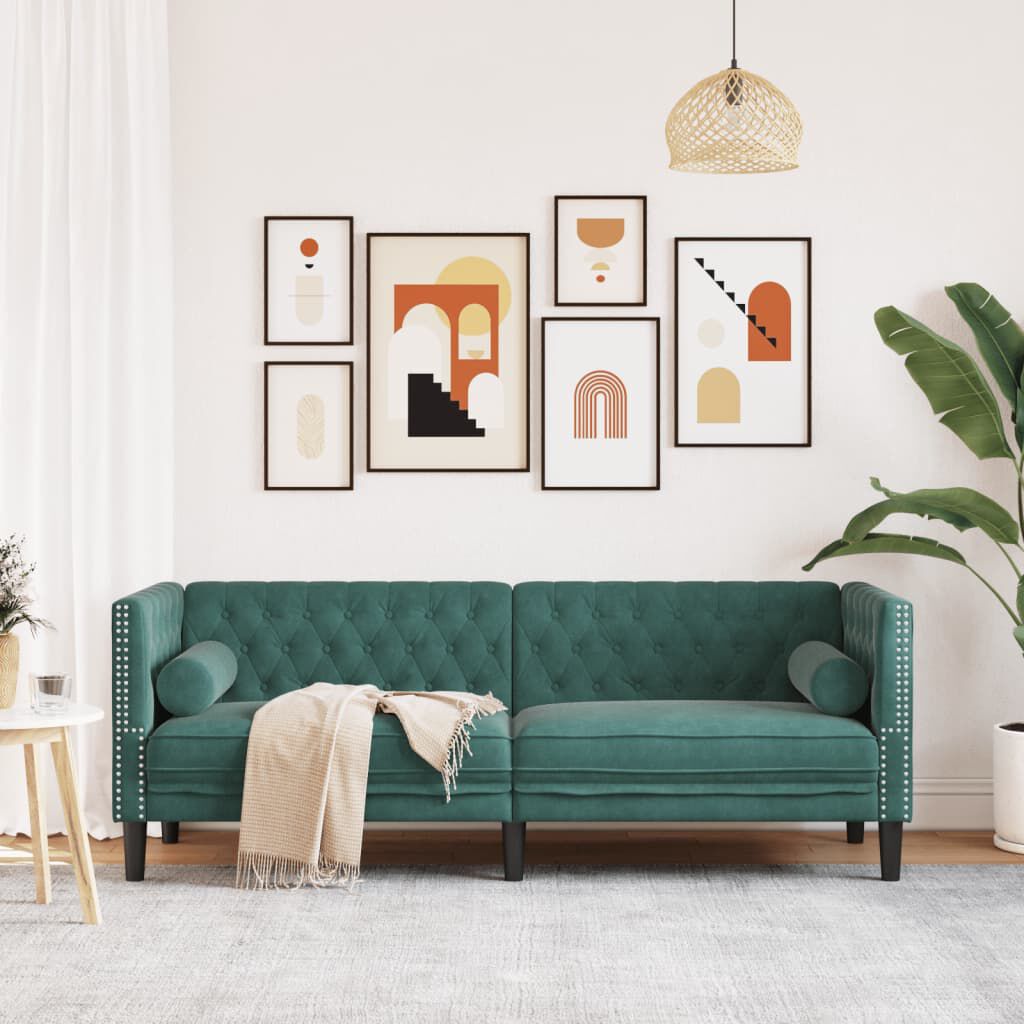 vidaXL Καναπές Τριθέσιος Chesterfield + Στηρίγματα Σκ. Πράσινο Βελούδο