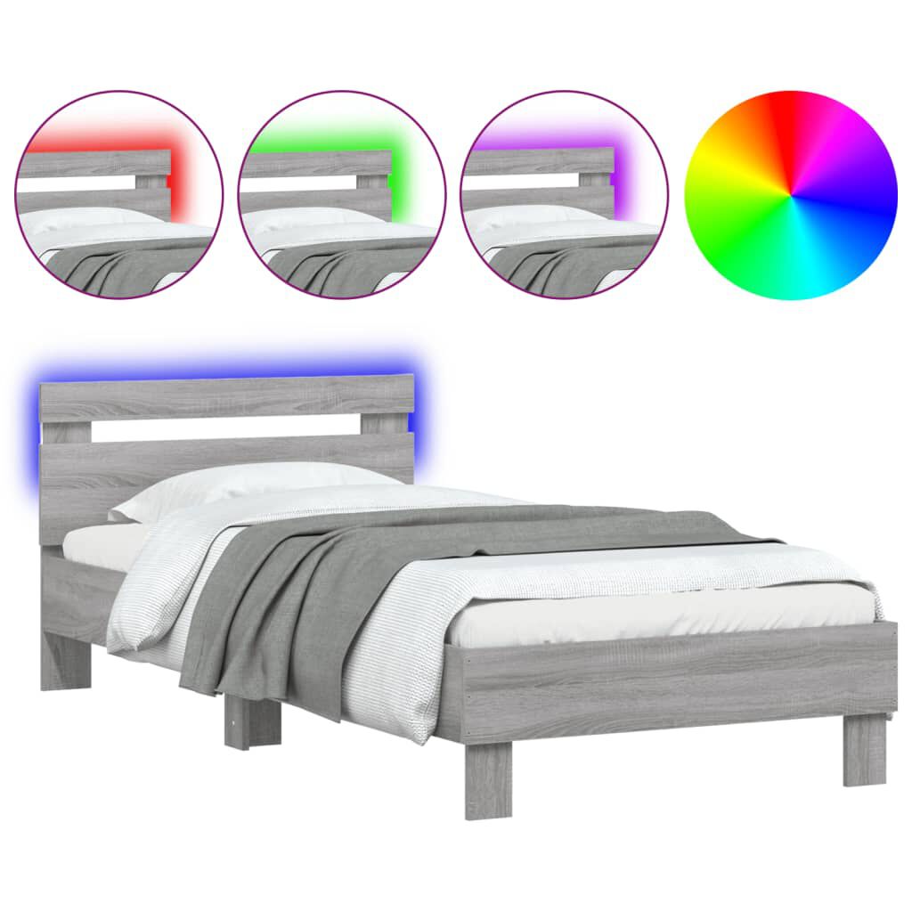 vidaXL Πλαίσιο Κρεβατιού με Κεφαλάρι και LED Γκρι sonoma 75 x 190 εκ.