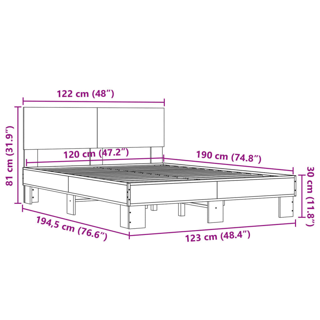 vidaXL Πλαίσιο Κρεβατιού Μαύρο 120x190 εκ. Επεξ. Ξύλο & Μέταλλο
