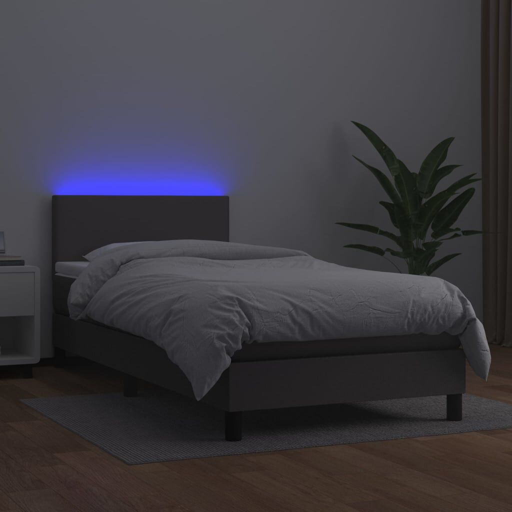 vidaXL Κρεβάτι Boxspring με Στρώμα & LED Γκρι 90x200 εκ. Συνθ. Δέρμα