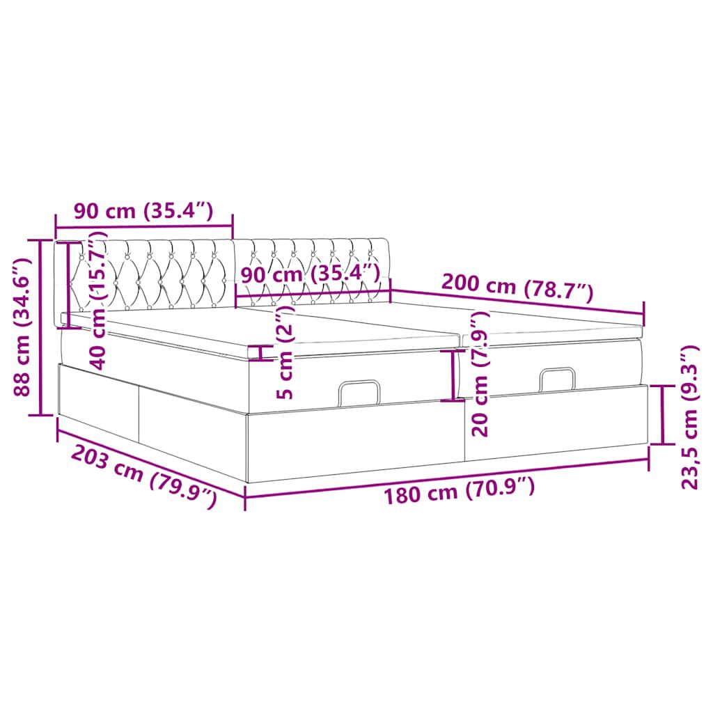 vidaXL Οθωμανικό κρεβάτι με στρώματα & LEDs Κρέμα 180x200cm ύφασμα