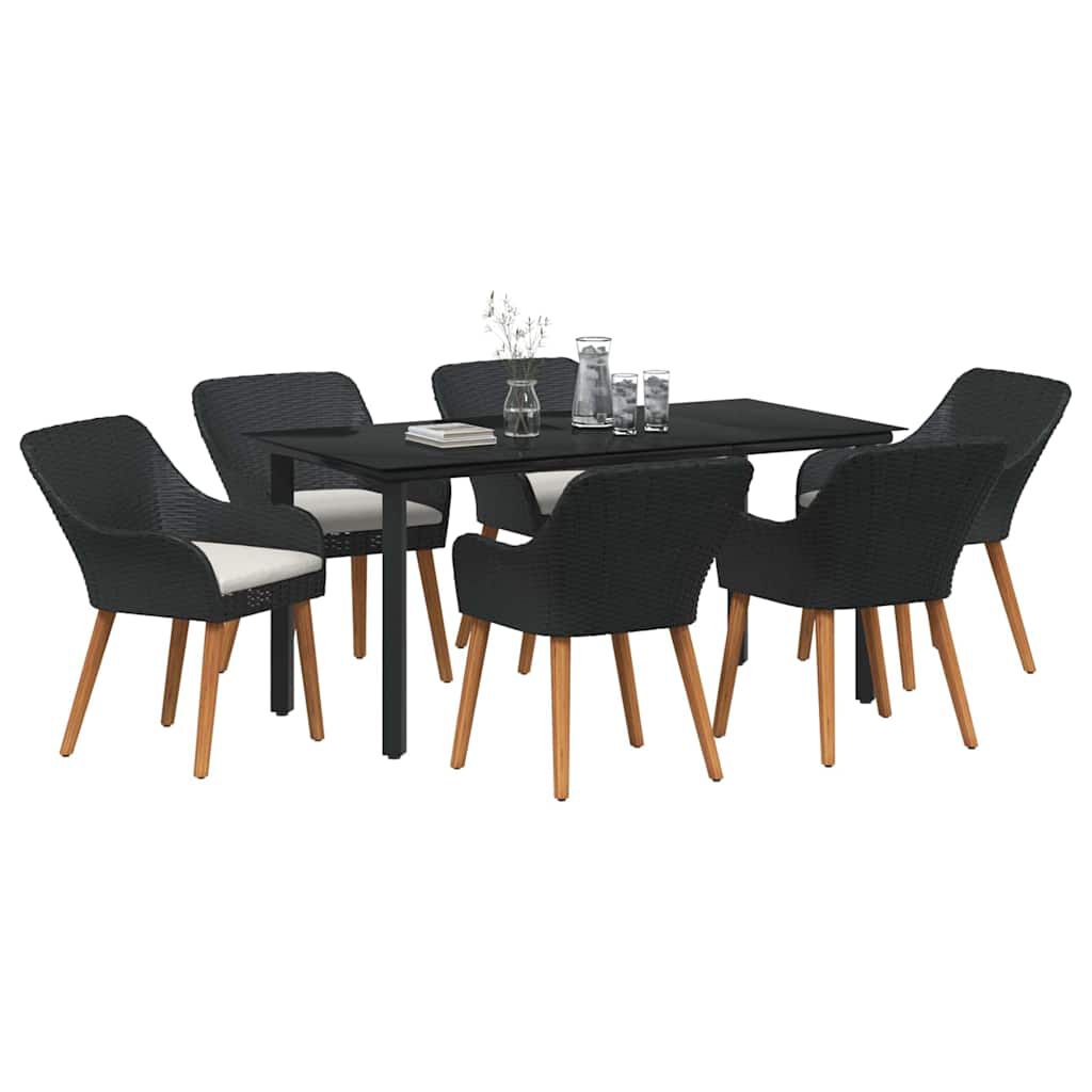 vidaXL Σέτ φαγητού για κήπο με μαξιλάρι 7 pcs Μαύρο συνθετικό ρατάν