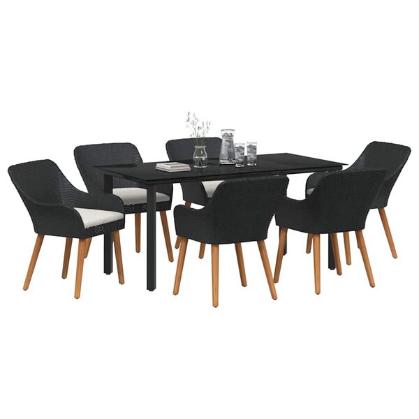 vidaXL Σέτ φαγητού για κήπο με μαξιλάρι 7 pcs Μαύρο συνθετικό ρατάν