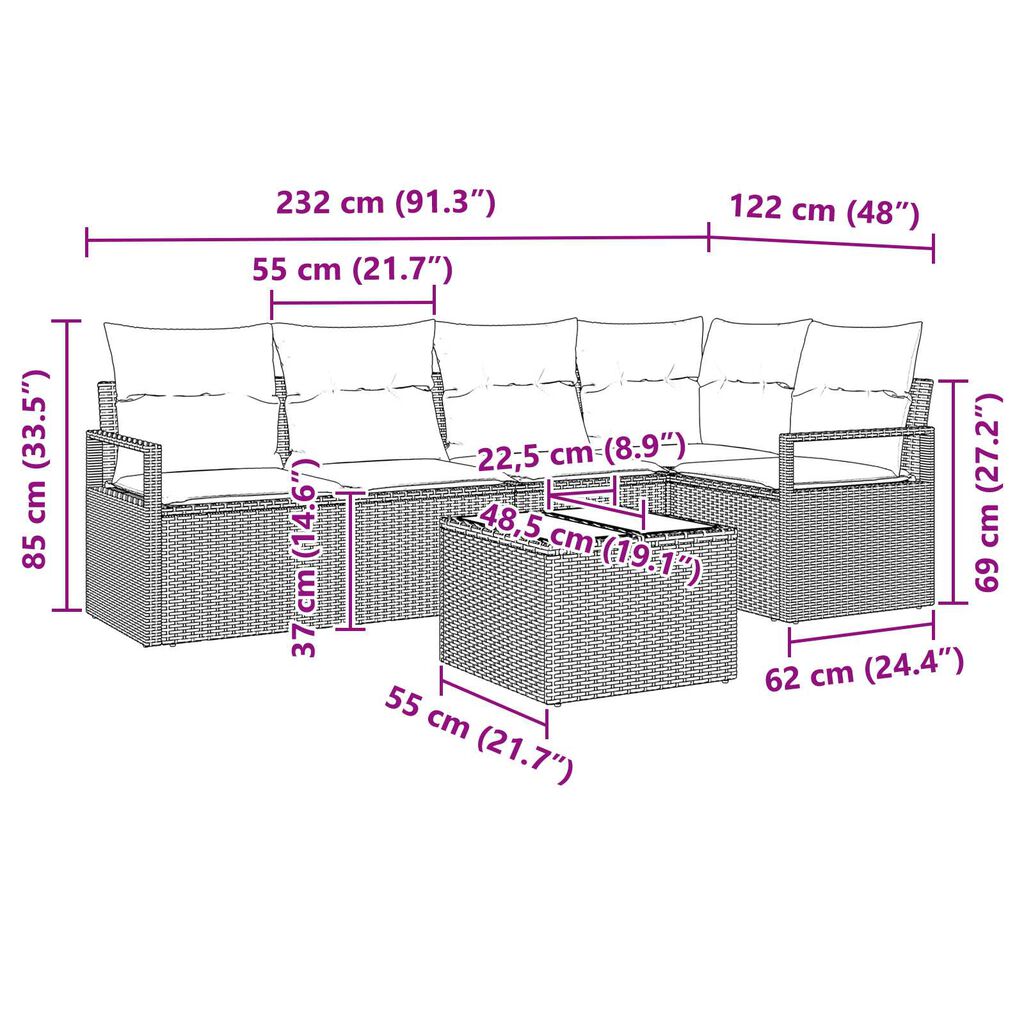 vidaXL Σετ Καναπέ Κήπου 6 pcs Μαύρο Πολυ ράταν