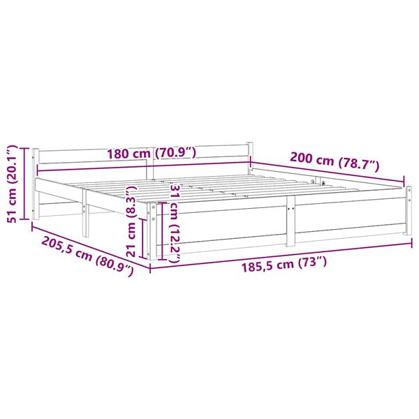 vidaXL Πλαίσιο Κρεβατιού 180 x 200 εκ. Μασίφ Ξύλο Super King Size