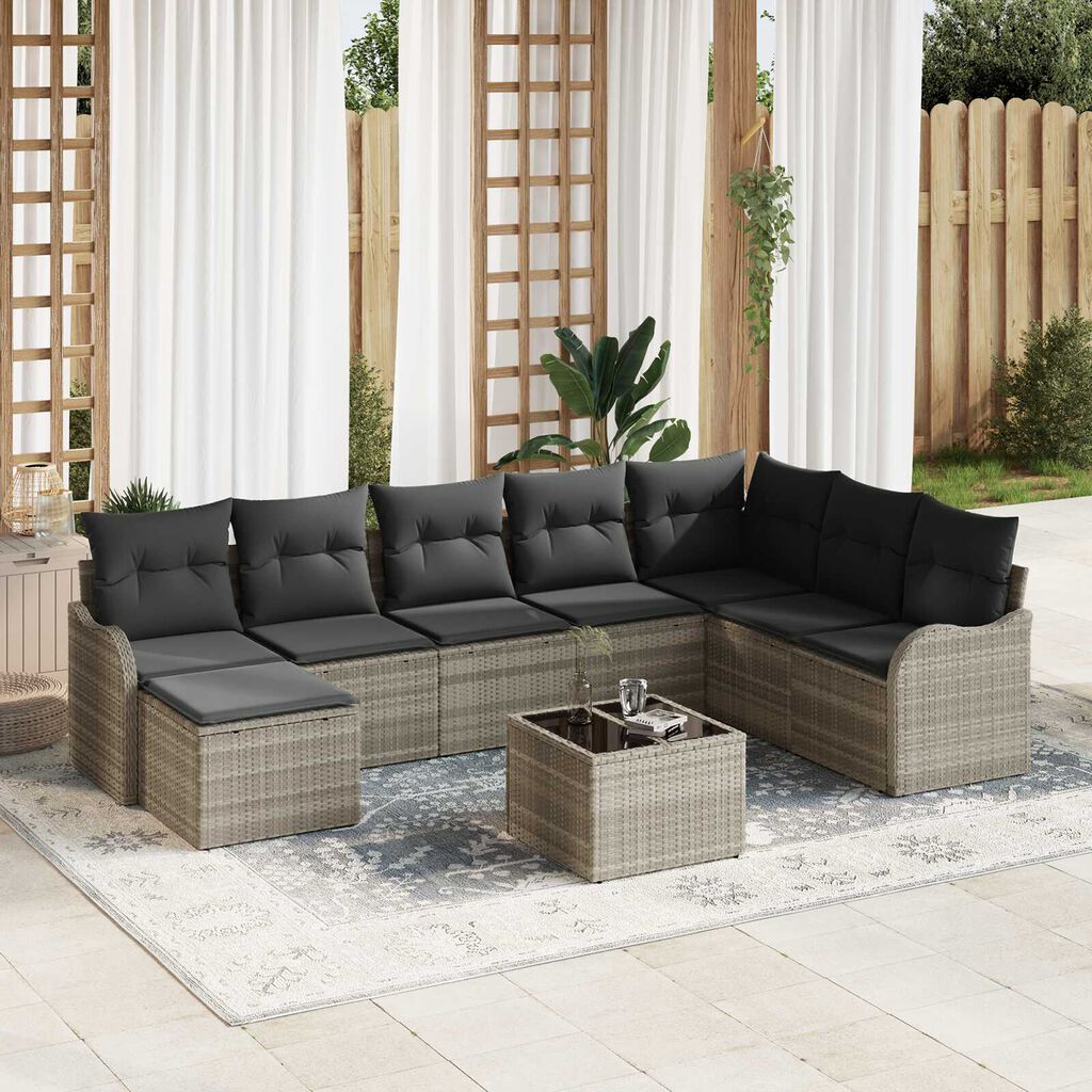 vidaXL Σετ Καναπέ Κήπου με μαξιλάρι 9 pcs Ανοιχτό γκρι Πολυ ράταν
