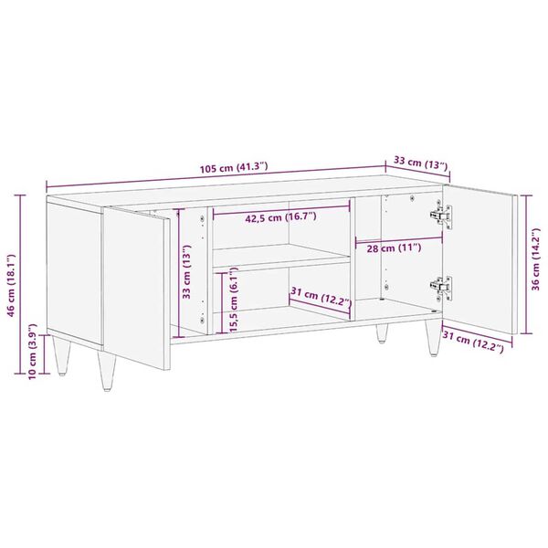 vidaXL Ντουλάπι TV με ράφι Λευκό 105 x 33 x 46 εκ Μασίφ ξύλο μάνγκο