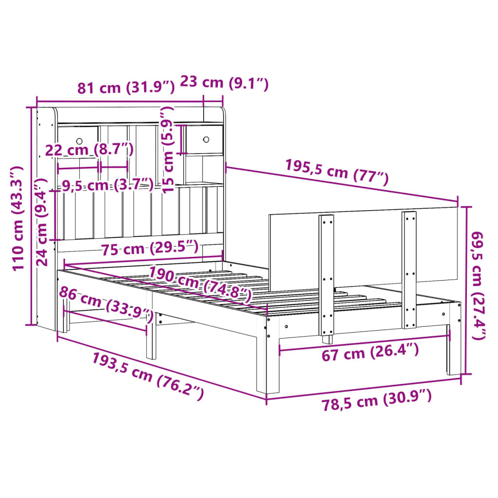 vidaXL Κρεβάτι Βιβλιοθήκη Χωρίς Στρώμα 75x190 εκ Μασίφ Ξύλο Πεύκο