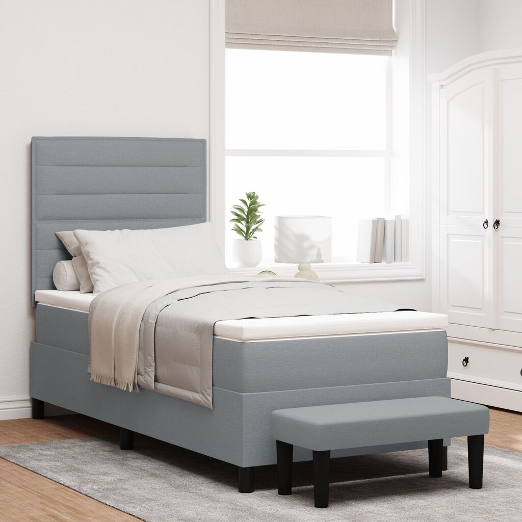 vidaXL Κρεβάτι Box Spring με Στρώμα & Πάγκο Ανοιχτό Γκρι 100x200 cm Ύφασμα