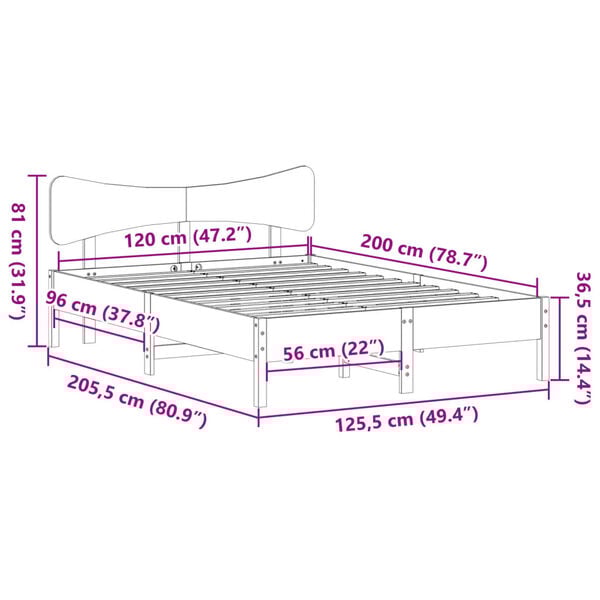 vidaXL Σκελετός Κρεβατιού Χωρίς Στρώμα 120x200 εκ Μασίφ Ξύλο Πεύκου
