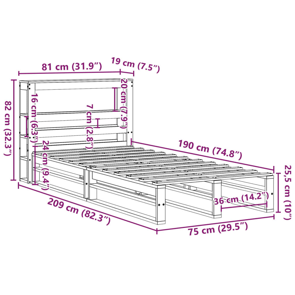 vidaXL Σκελετός Κρεβατιού Χωρίς Στρώμα 75x190 εκ Μασίφ Ξύλο Πεύκου