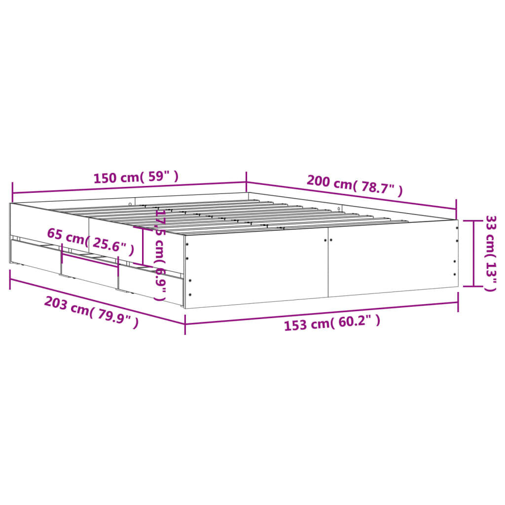 vidaXL Πλαίσιο Κρεβατιού με Συρτάρια Καφέ Δρυς 150x200εκ. Επεξ. Ξύλο