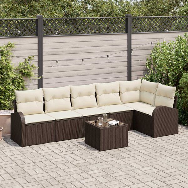 vidaXL Σετ Καναπέ Κήπου με μαξιλάρι 7 pcs Καφέ και λευκό Πολυ ράταν