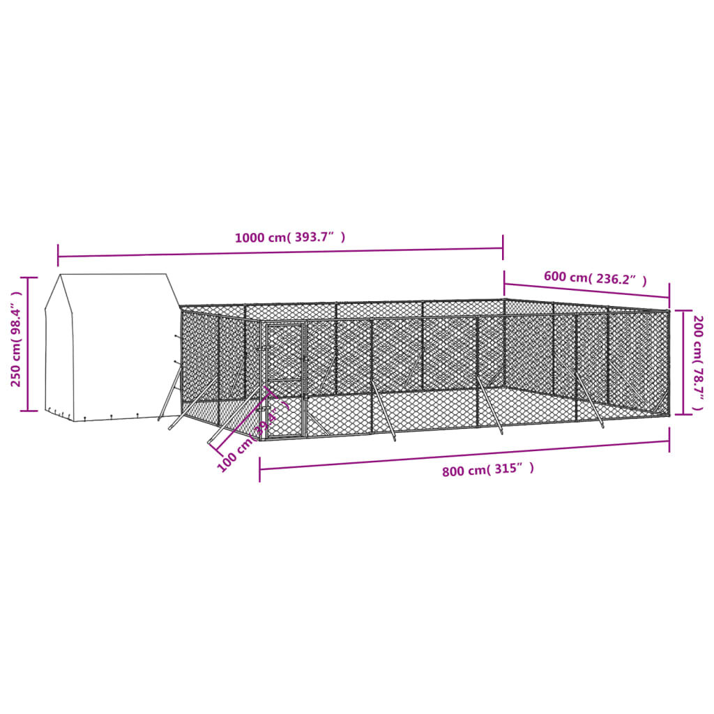 vidaXL Κλουβί Σκύλου Εξ. Χώρου με Οροφή Ασημί 10x6x2,5 μ. Γαλβ. Ατσάλι