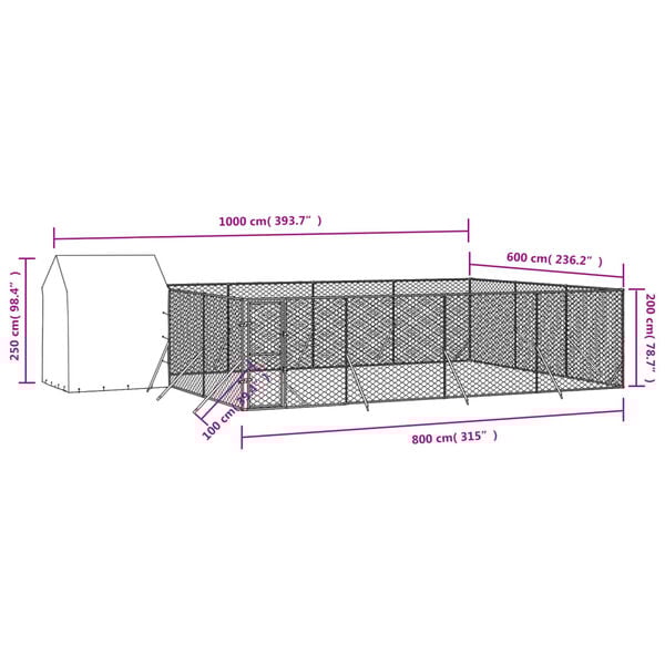 vidaXL Κλουβί Σκύλου Εξ. Χώρου με Οροφή Ασημί 10x6x2,5 μ. Γαλβ. Ατσάλι
