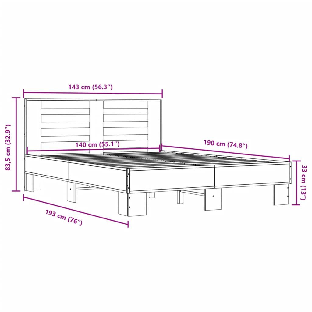 vidaXL Πλαίσιο Κρεβατιού Γκρι Sonoma 140x190 εκ. Επεξ. Ξύλο & Μέταλλο
