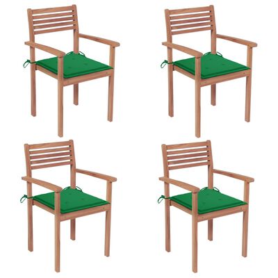 vidaXL Καρέκλες Κήπου 4 τεμ. από Μασίφ Ξύλο Teak με Πράσινα Μαξιλάρια