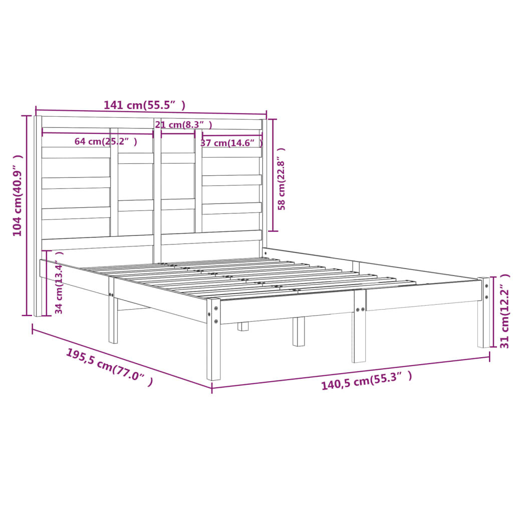 vidaXL Πλαίσιο Κρεβατιού 135 x 190 εκ. από Μασίφ Ξύλο Double