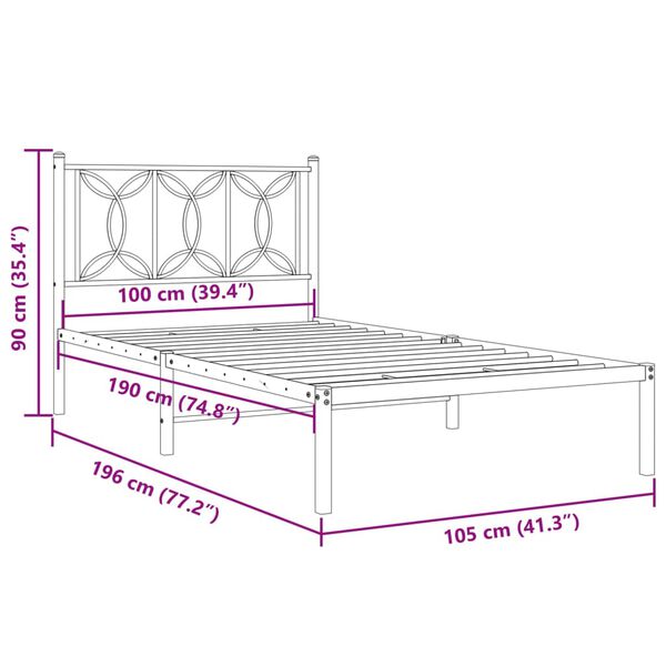 vidaXL Πλαίσιο Κρεβατιού με Κεφαλάρι Μαύρο 100 x 190 εκ. Μεταλλικό