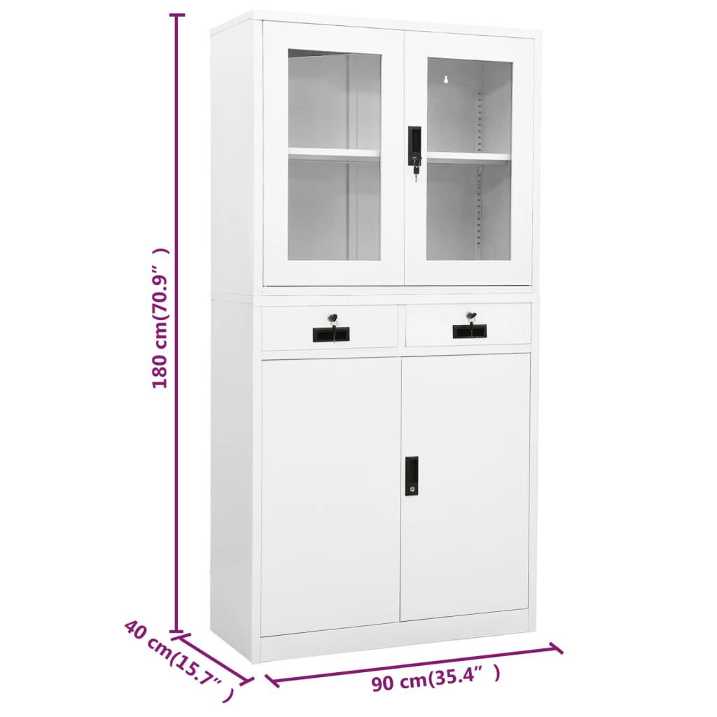 vidaXL Ντουλάπα Γραφείου Λευκή 90 x 40 x 180 εκ Ατσάλι / Ψημένο Γυαλί