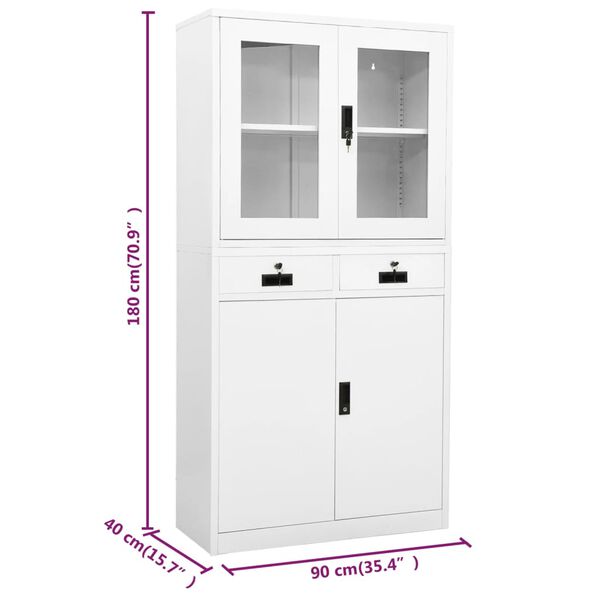 vidaXL Ντουλάπα Γραφείου Λευκή 90 x 40 x 180 εκ Ατσάλι / Ψημένο Γυαλί