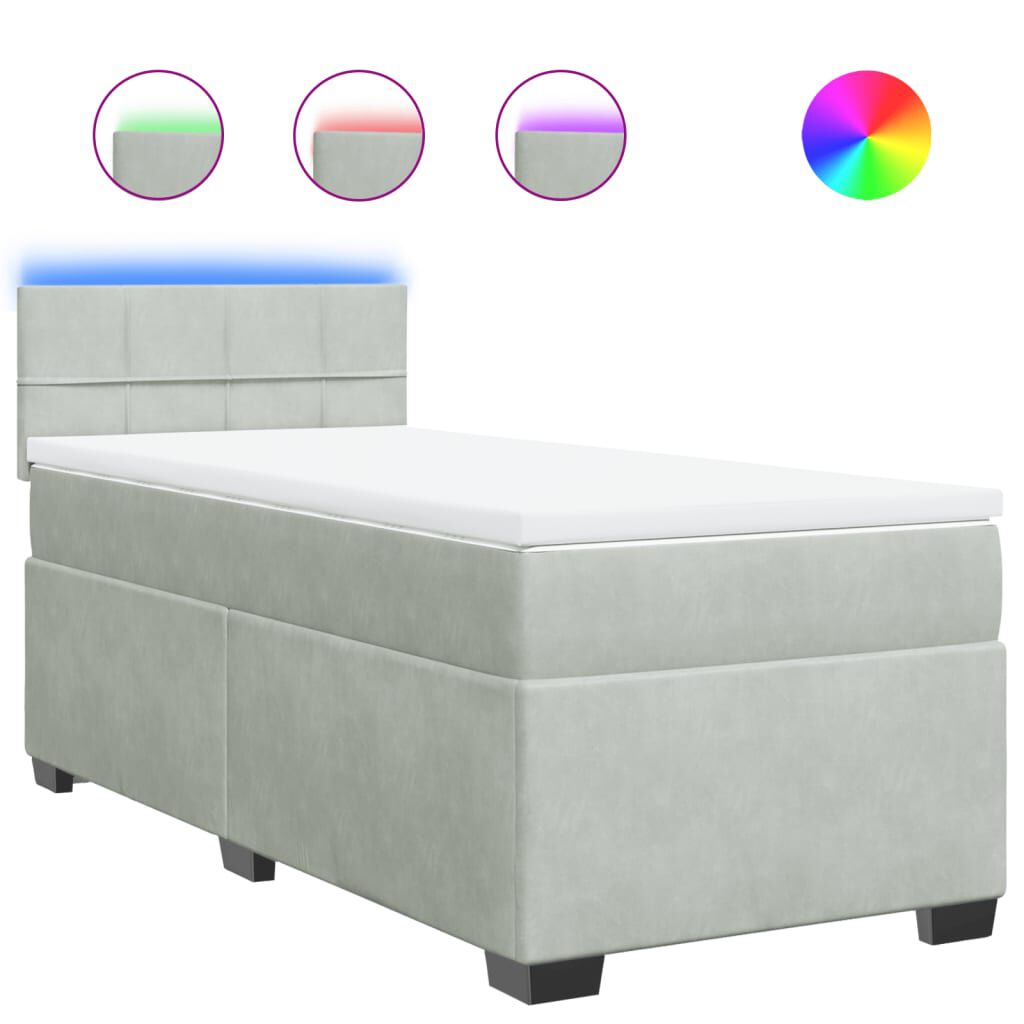 vidaXL Κρεβάτι Boxspring με Στρώμα Ανοιχτό Γκρι 90x190 εκ. Βελούδινο