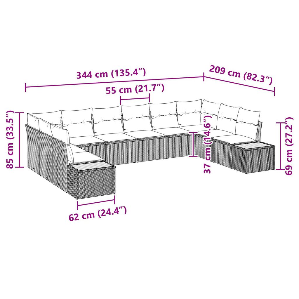 vidaXL Σετ Καναπέ Κήπου 10 pcs Γκρι 344 x 209 x 85 εκ Πολυ ράταν