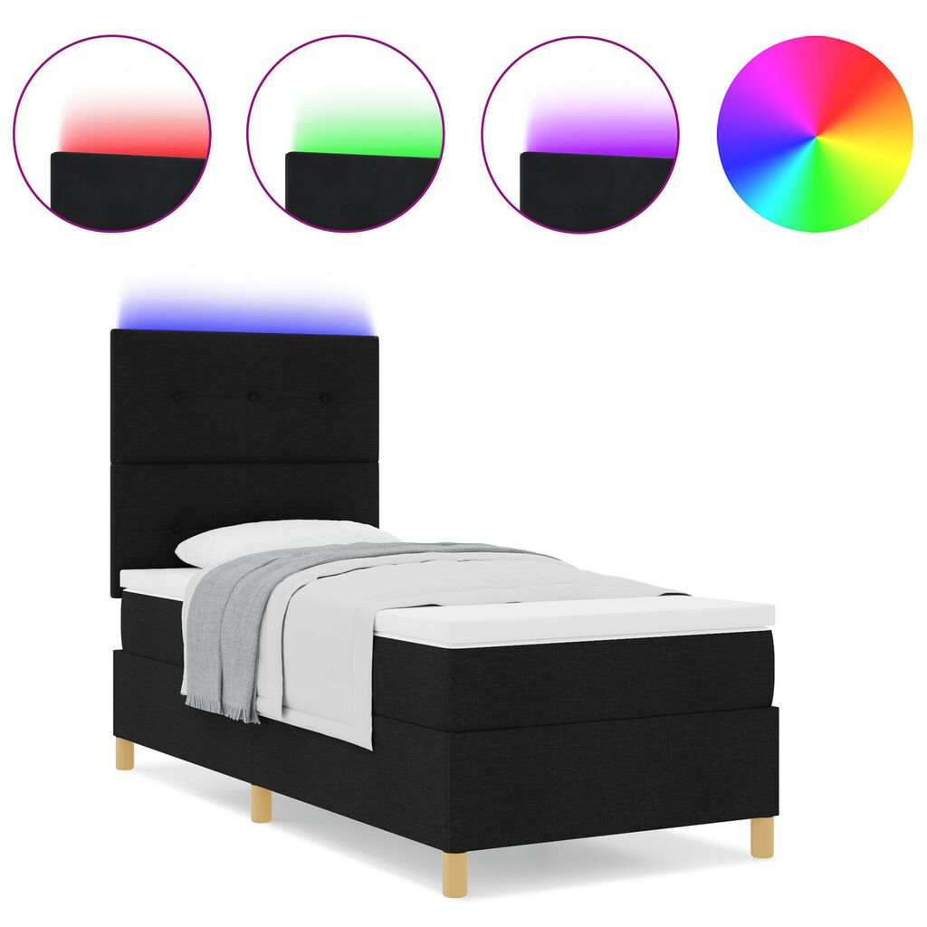 vidaXL Κρεβάτι Box Spring με Στρώμα & LED Μαύρο 90x200 εκ. Ύφασμα