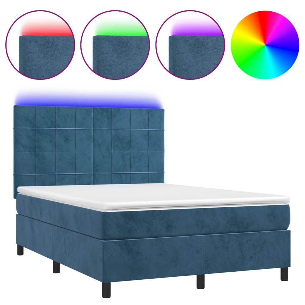 vidaXL Κρεβάτι Boxspring με Στρώμα & LED Σκ. Μπλε 140x190εκ. Βελούδινο