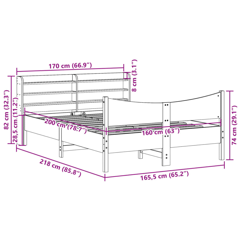 vidaXL Πλαίσιο Κρεβατιού με Κεφαλάρι 160x200 εκ. από Μασίφ Ξύλο Πεύκου