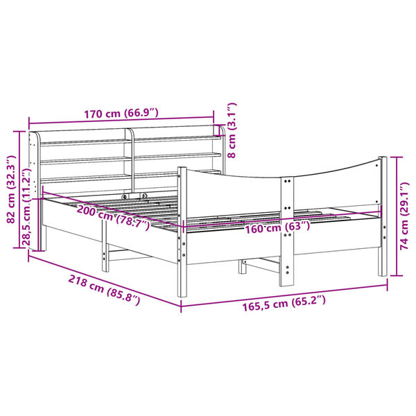 vidaXL Πλαίσιο Κρεβατιού με Κεφαλάρι 160x200 εκ. από Μασίφ Ξύλο Πεύκου