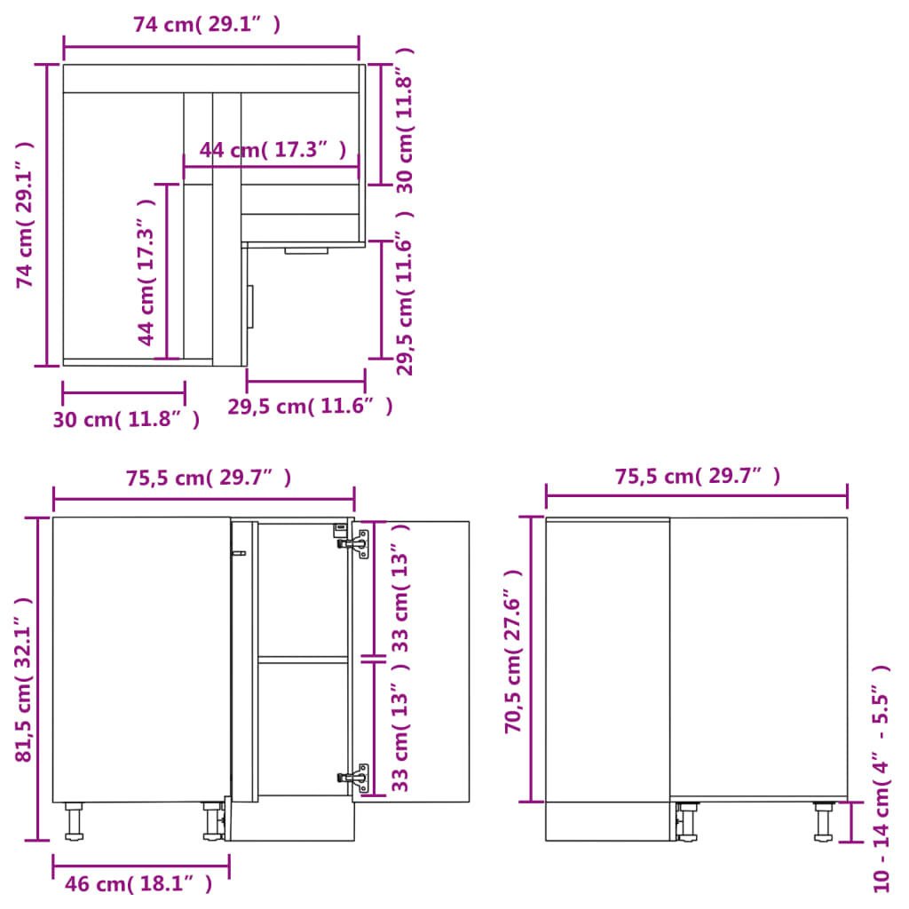 vidaXL Ντουλάπι Δαπέδου Γωνιακό Lyon Μαύρο 75,5x75,5x81,5εκ.