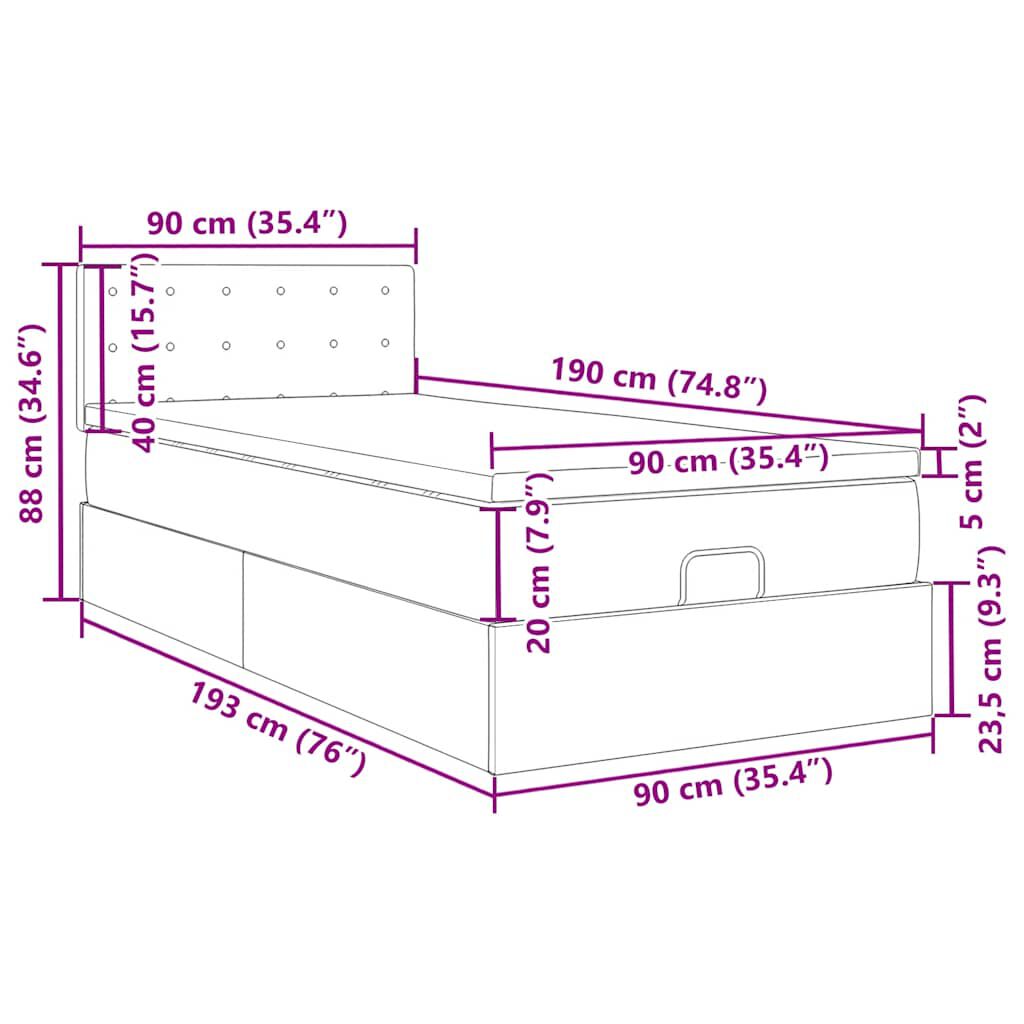 vidaXL Οθωμανικό κρεβάτι με στρώμα σκούρο καφέ 90x190cm ύφασμα