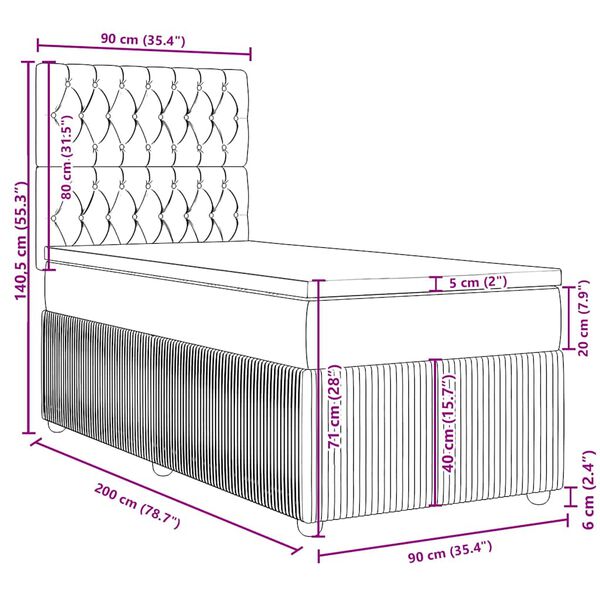 vidaXL Κρεβάτι Boxspring με Στρώμα Ανοιχτό Γκρι 90x200 εκ. Βελούδινο