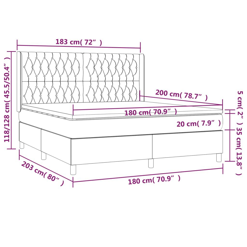 vidaXL Κρεβάτι Boxspring με Στρώμα & LED Σκ. Γκρι 180x200εκ. Βελούδινο