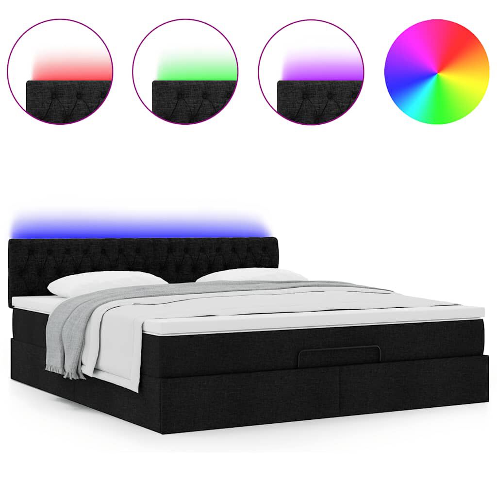 vidaXL Οθωμανικό κρεβάτι με στρώμα & LEDs Μαύρο ύφασμα 160x200cm