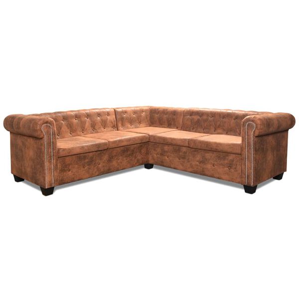 vidaXL Καναπές Γωνιακός Πενταθέσιος Chesterfield Καφέ Συνθετικό Δέρμα