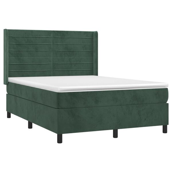 vidaXL Κρεβάτι Boxspring με Στρώμα & LED Σκ. Πράσινο 140x200εκ Βελούδο