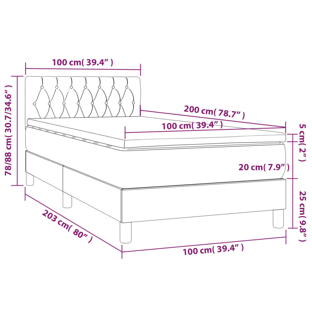 vidaXL Κρεβάτι Boxspring με Στρώμα & LED Μπλε 100x200 εκ. Υφασμάτινο