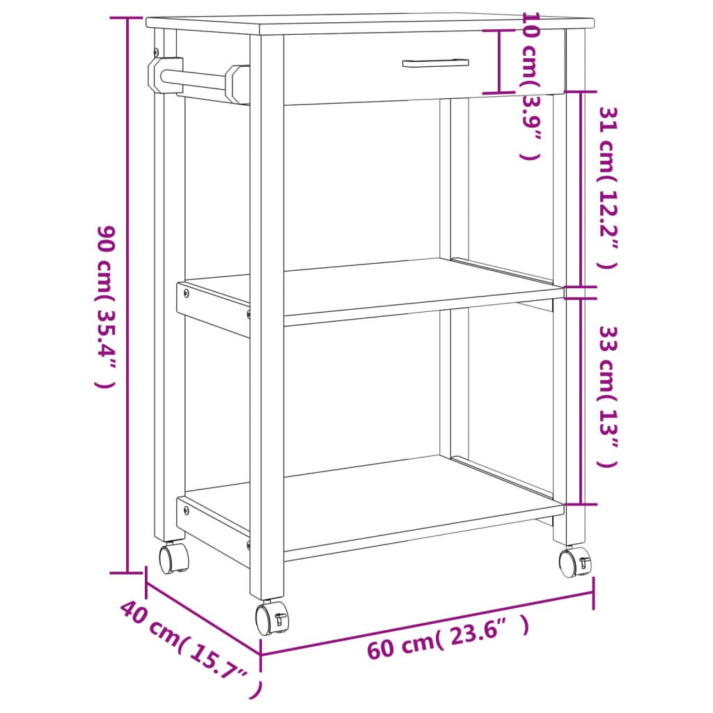 vidaXL Τρόλεϊ Κουζίνας MONZA 60x40x90 εκ. από Μασίφ Ξύλο Πεύκου