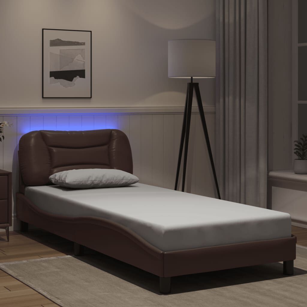 vidaXL Πλαίσιο Κρεβατιού με LED Καφέ 90x200 εκ. Συνθετικό Δέρμα