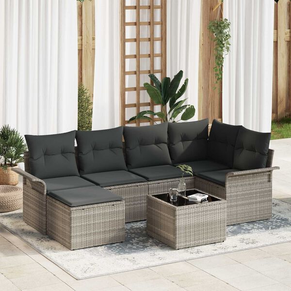 vidaXL Σετ Καναπέ Κήπου με μαξιλάρι 7 pcs Ανοιχτό γκρι Πολυ ράταν